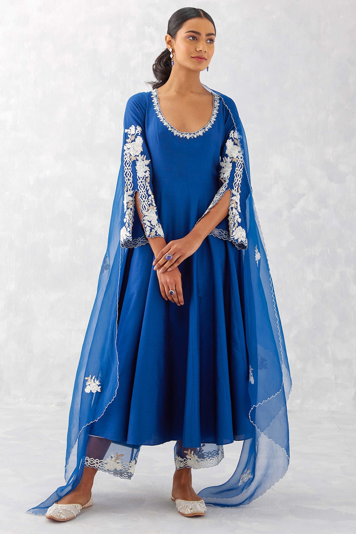 Blue Embroidered Pure Cotton Anarkali Set