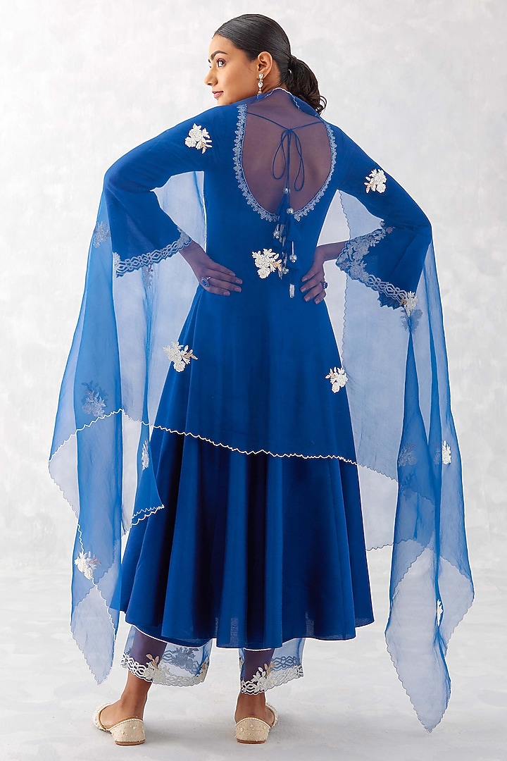 Blue Cotton Silk Blend Embroidered Wedding Anarkali Set by Devnaagri at Pernia's Pop Up Shop