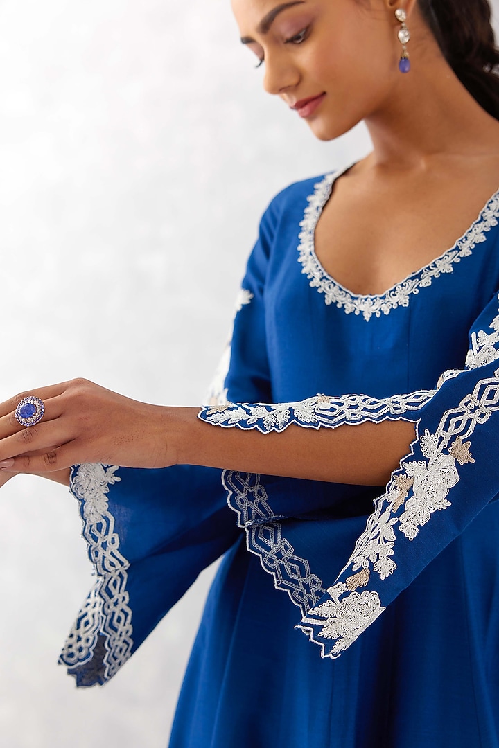 Blue Cotton Silk Blend Embroidered Wedding Anarkali Set by Devnaagri at Pernia's Pop Up Shop