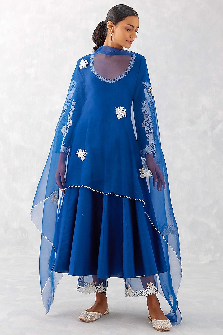 Blue Cotton Silk Blend Embroidered Wedding Anarkali Set by Devnaagri at Pernia's Pop Up Shop
