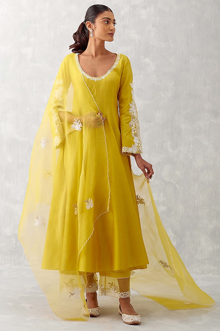 Mustard Yellow Cotton Silk Blend Embroidered Wedding Anarkali Set by Devnaagri at Pernia's Pop Up Shop