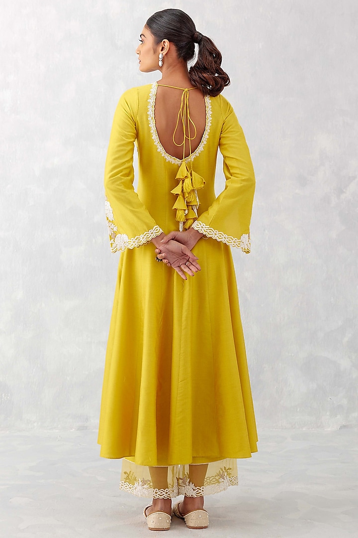 Mustard Yellow Cotton Silk Blend Embroidered Wedding Anarkali Set by Devnaagri at Pernia's Pop Up Shop