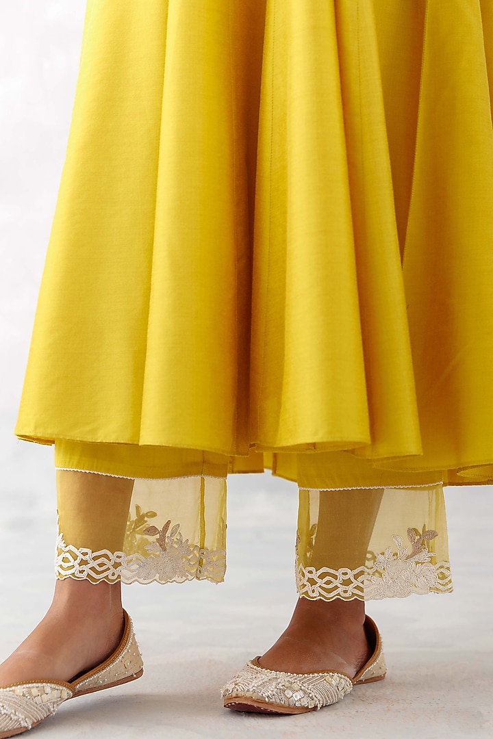 Mustard Yellow Cotton Silk Blend Embroidered Wedding Anarkali Set by Devnaagri at Pernia's Pop Up Shop
