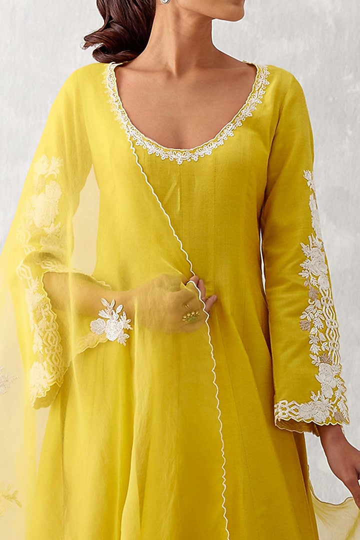 Mustard Yellow Cotton Silk Blend Embroidered Wedding Anarkali Set by Devnaagri at Pernia's Pop Up Shop