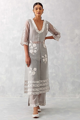 Grey Silk Organza Embroidered Kurta Set by Devnaagri