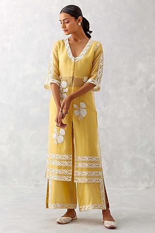 Mango Yellow Silk Organza Embroidered Kurta Set by Devnaagri