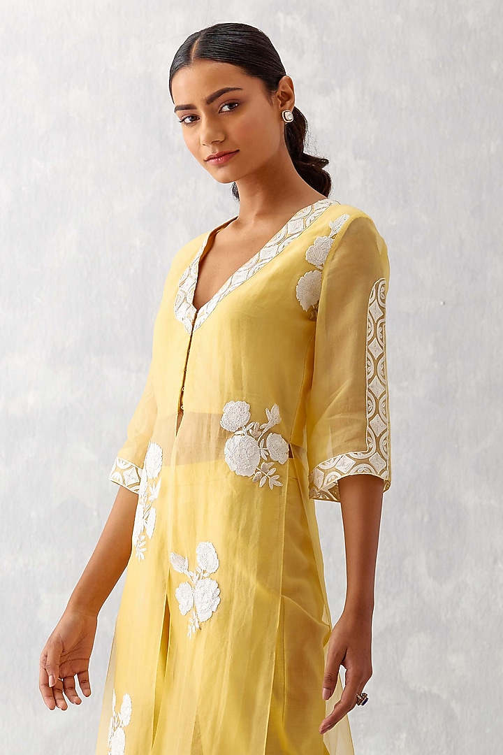 Yellow Embroidered Organza Angarakha Kurta, Pants and Dupatta Set main image 1