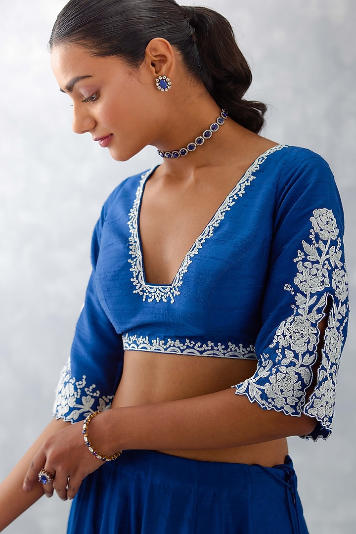 Blue Chanderi Embroidered Wedding Lehenga Set by Devnaagri at Pernia's Pop Up Shop