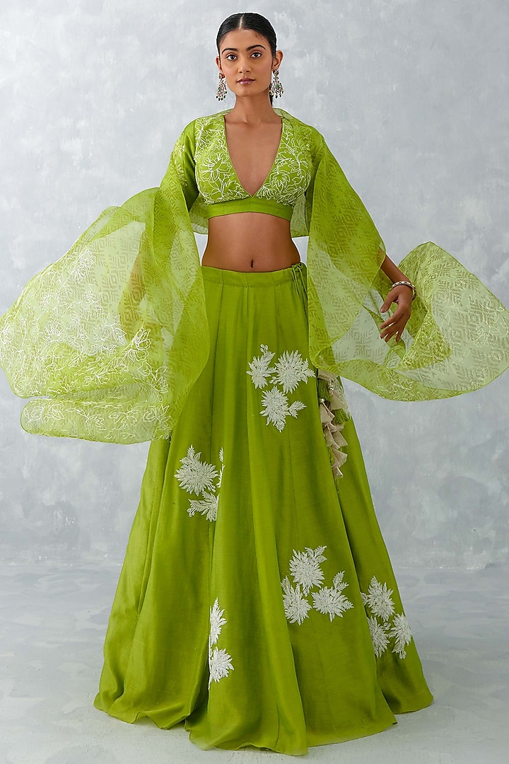 Green Chanderi Embroidered Lehenga Set by Devnaagri