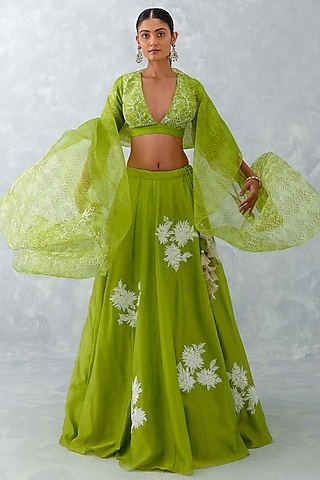 Green Chanderi Embroidered Lehenga Set by Devnaagri