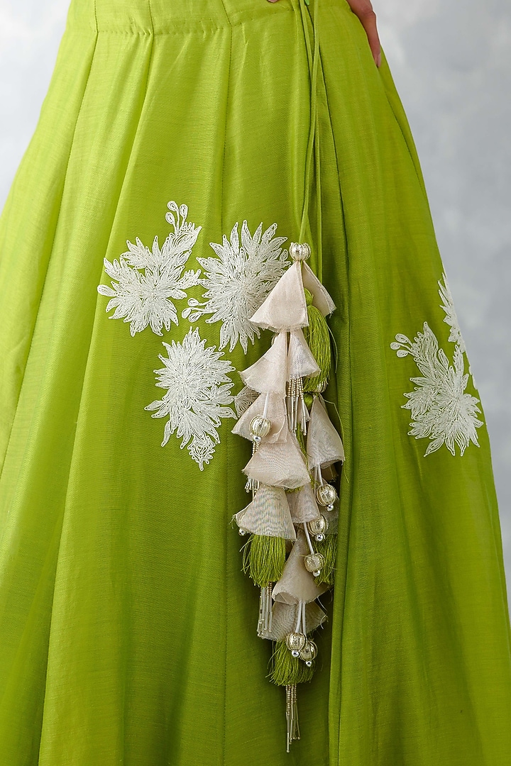 Green Chanderi Embroidered Wedding Lehenga Set by Devnaagri at Pernia's Pop Up Shop