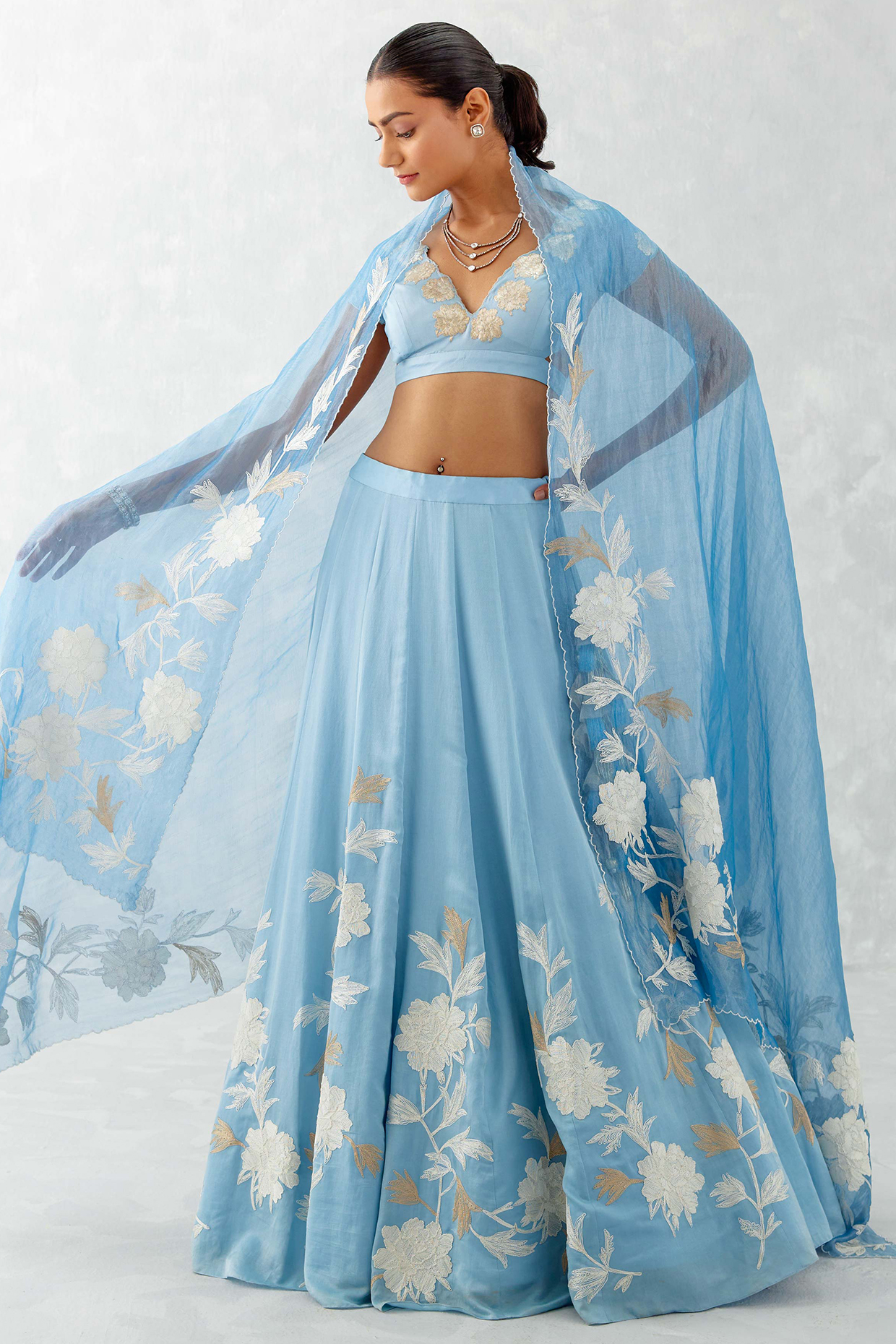 Ice blue Cotton Silk Satin Embroidered Lehenga Set by Devnaagri