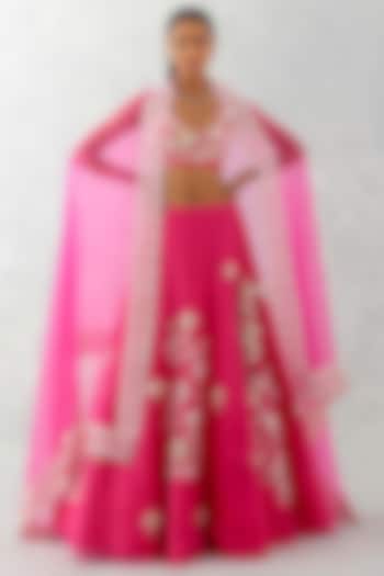 Fuchsia Pink Silk Organza Embroidered Lehenga Set by Devnaagri