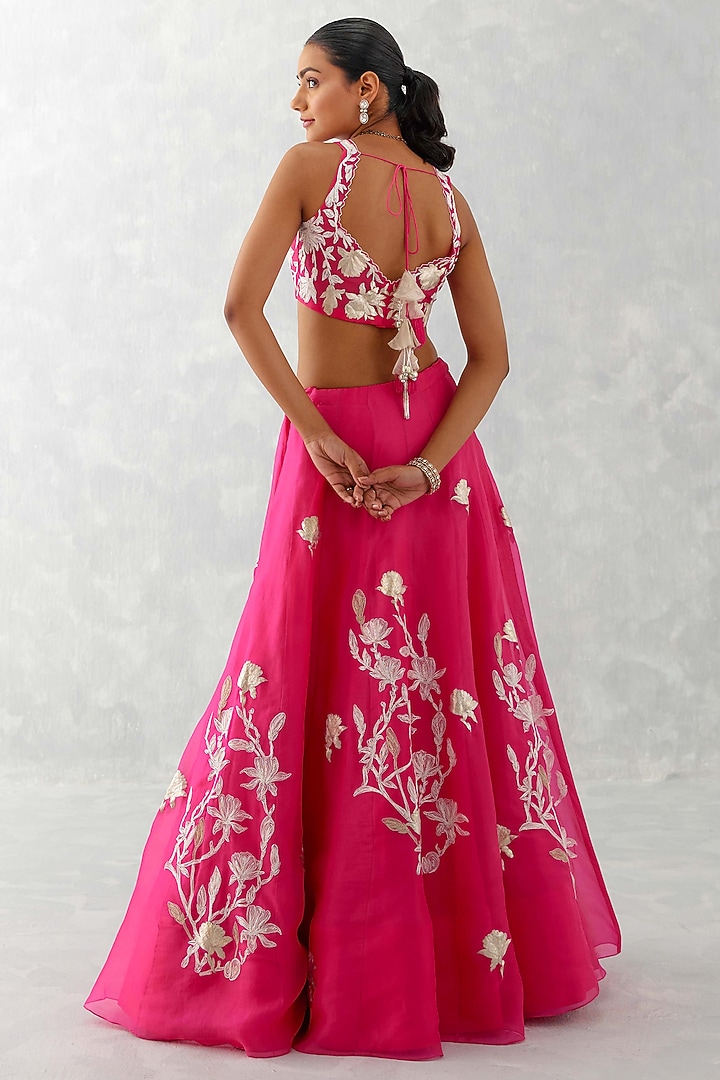 Fuchsia Pink Silk Organza Embroidered Wedding Lehenga Set by Devnaagri at Pernia's Pop Up Shop