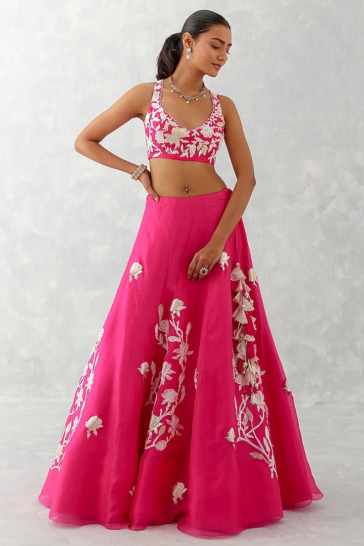Fuchsia Pink Silk Organza Embroidered Wedding Lehenga Set by Devnaagri at Pernia's Pop Up Shop
