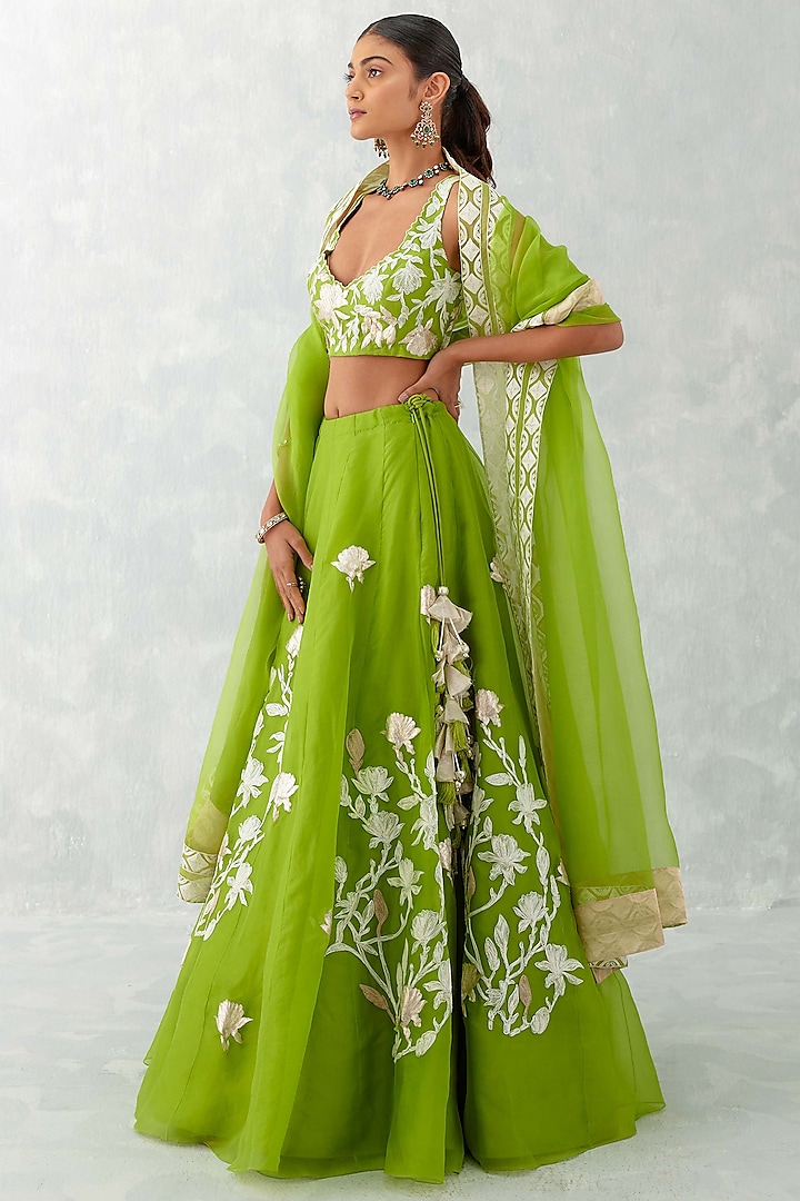 Green Silk Organza Embroidered Lehenga Set by Devnaagri