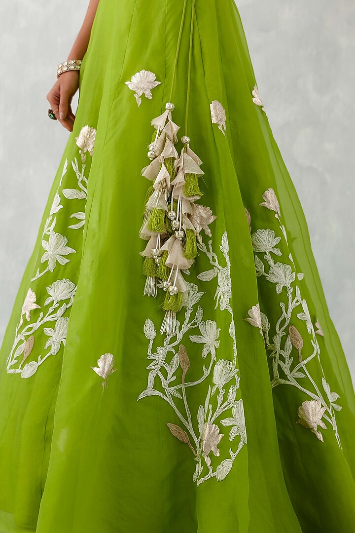 Green Silk Organza Embroidered Wedding Lehenga Set by Devnaagri at Pernia's Pop Up Shop