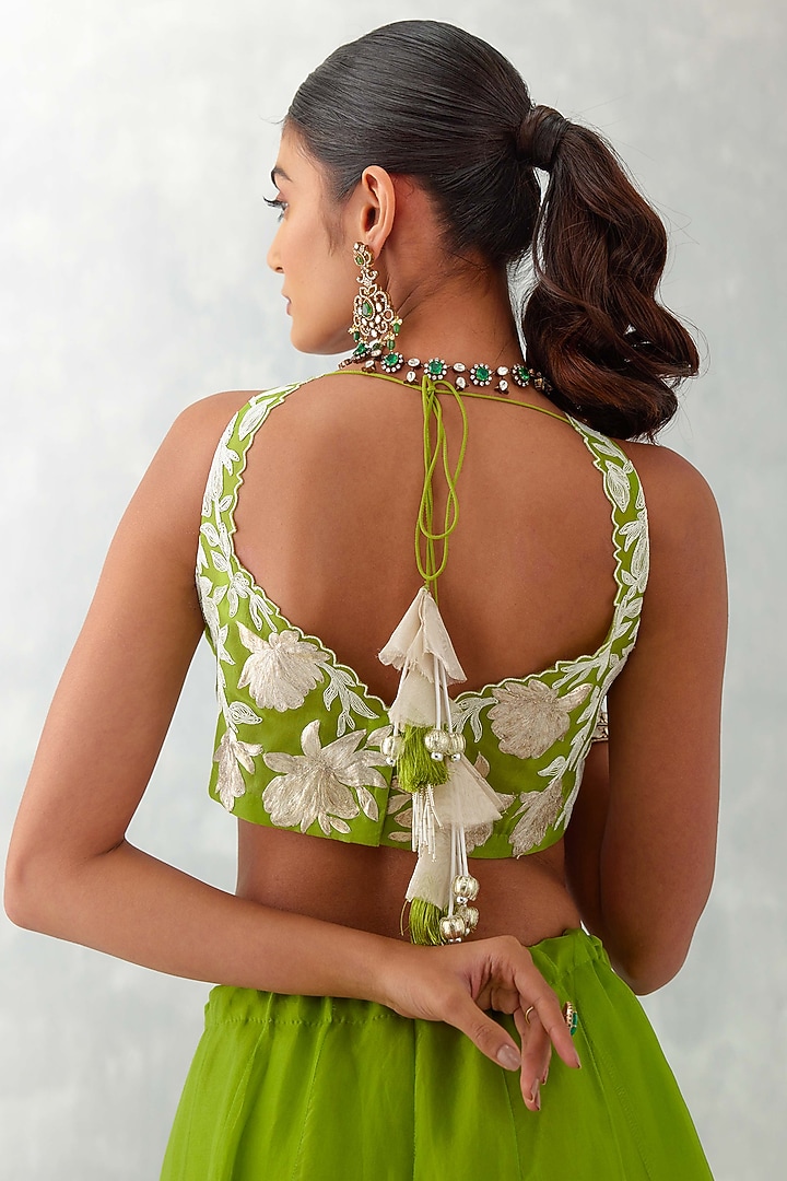Green Silk Organza Embroidered Wedding Lehenga Set by Devnaagri at Pernia's Pop Up Shop