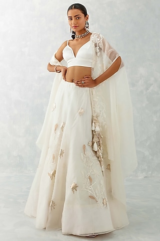 Ivory Silk Organza Embroidered Jacket Lehenga Set by Devnaagri