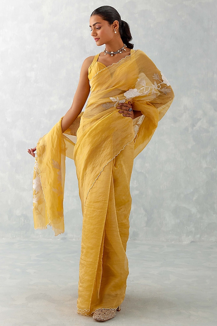Mango Yellow Shimmer Silk Organza Embroidered Saree Set by Devnaagri