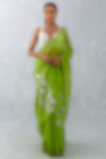 Green Silk Organza Embroidered Saree Set by Devnaagri at Pernia's Pop Up Shop