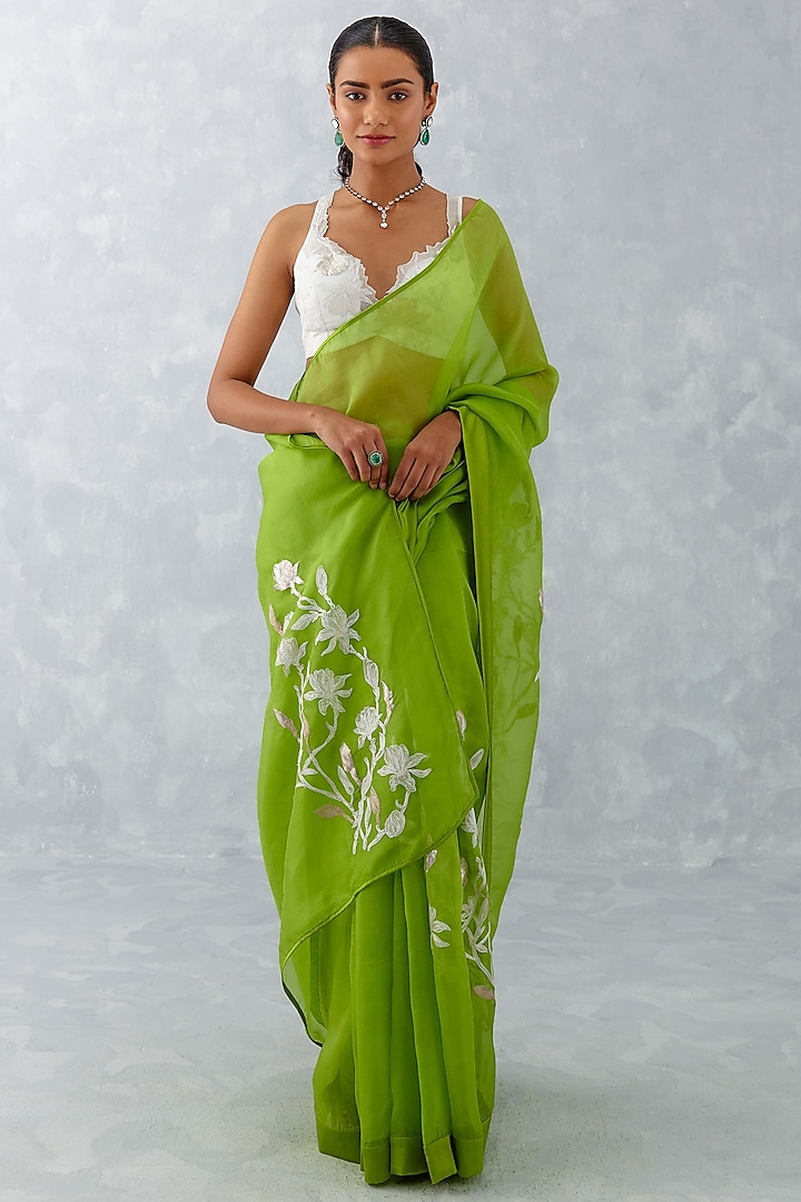 Green Silk Organza Embroidered Saree Set by Devnaagri at Pernia's Pop Up Shop