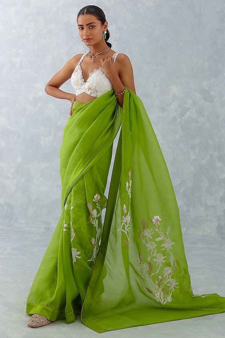 Green Silk Organza Embroidered Wedding Saree Set by Devnaagri at Pernia's Pop Up Shop