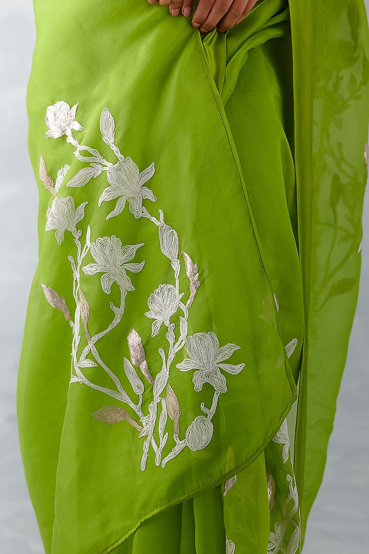 Green Silk Organza Embroidered Wedding Saree Set by Devnaagri at Pernia's Pop Up Shop