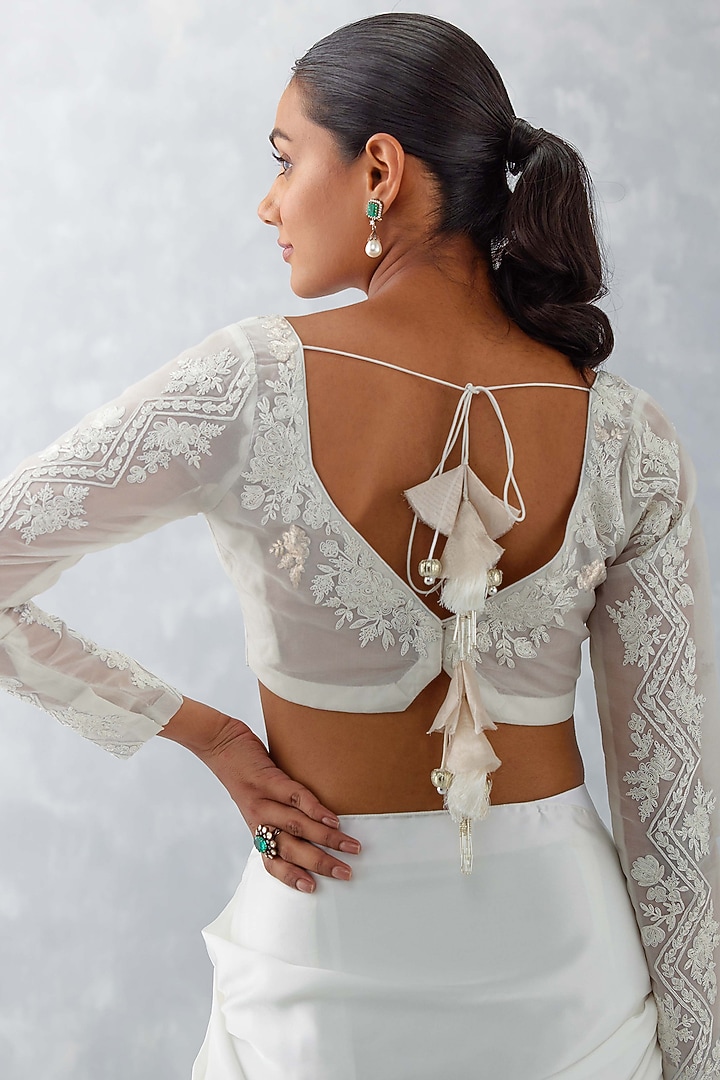 Ivory Silk Satin & Cotton Silk Pre-Draped Wedding Saree Set by Devnaagri at Pernia's Pop Up Shop