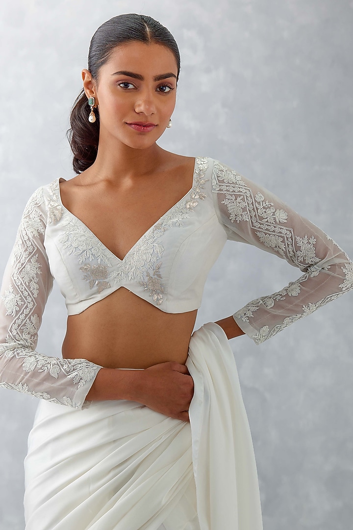 Ivory Silk Satin & Cotton Silk Pre-Draped Wedding Saree Set by Devnaagri at Pernia's Pop Up Shop
