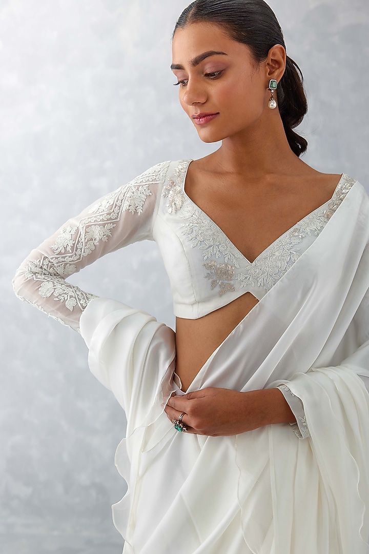 Ivory Silk Satin & Cotton Silk Pre-Draped Wedding Saree Set by Devnaagri at Pernia's Pop Up Shop