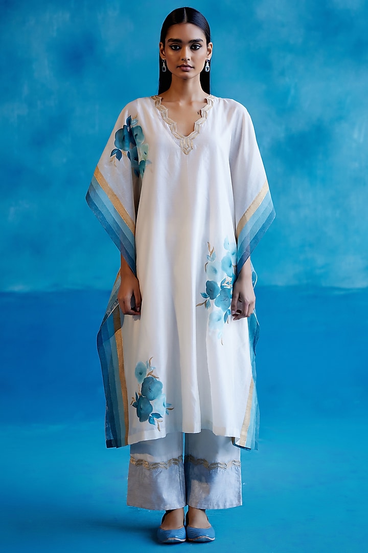 Ivory & Blue Silk Chanderi Floral Hand-Painting & Zari Embroidered Kaftan Set by Devnaagri at Pernia's Pop Up Shop