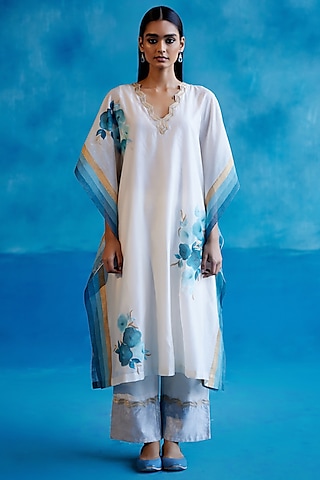 Ivory & Blue Silk Chanderi Floral Hand-Painting & Zari Embroidered Kaftan Set by Devnaagri