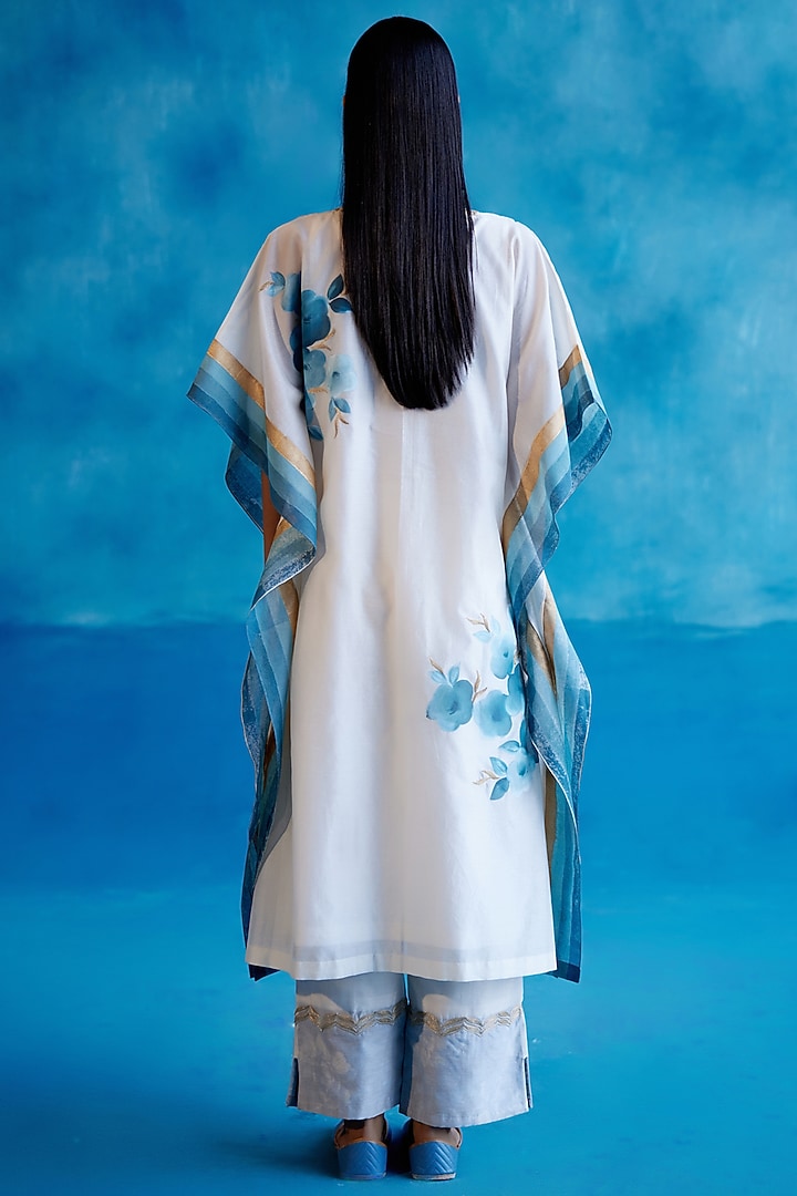 Ivory & Blue Silk Chanderi Floral Hand-Painting & Zari Embroidered Kaftan Set by Devnaagri at Pernia's Pop Up Shop