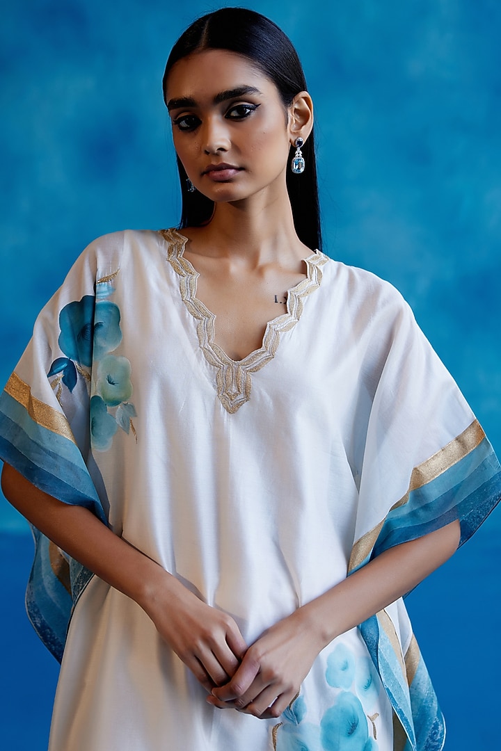 Ivory & Blue Silk Chanderi Floral Hand-Painting & Zari Embroidered Kaftan Set by Devnaagri at Pernia's Pop Up Shop