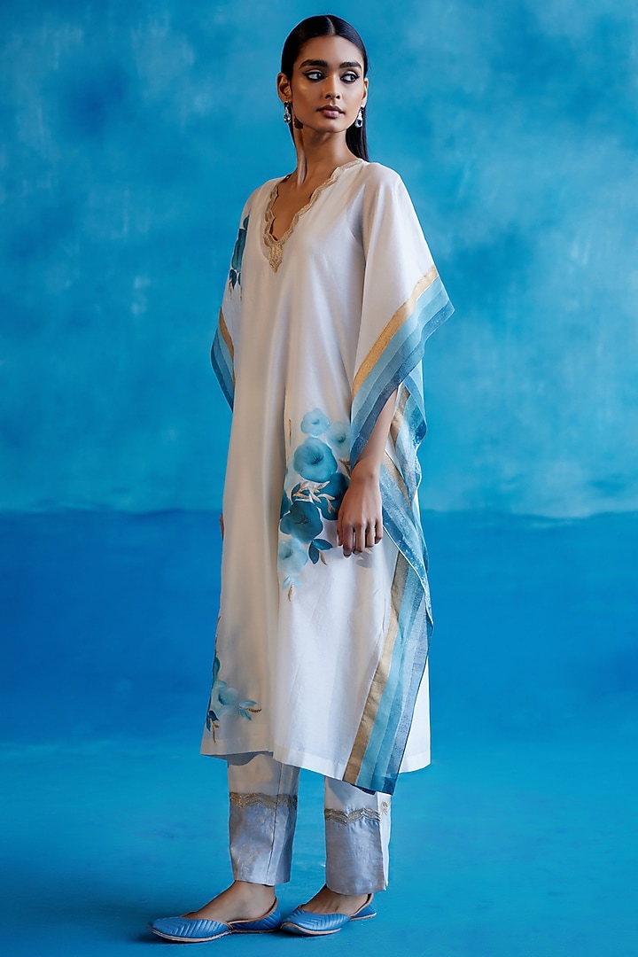 Ivory & Blue Silk Chanderi Floral Hand-Painting & Zari Embroidered Kaftan Set by Devnaagri at Pernia's Pop Up Shop