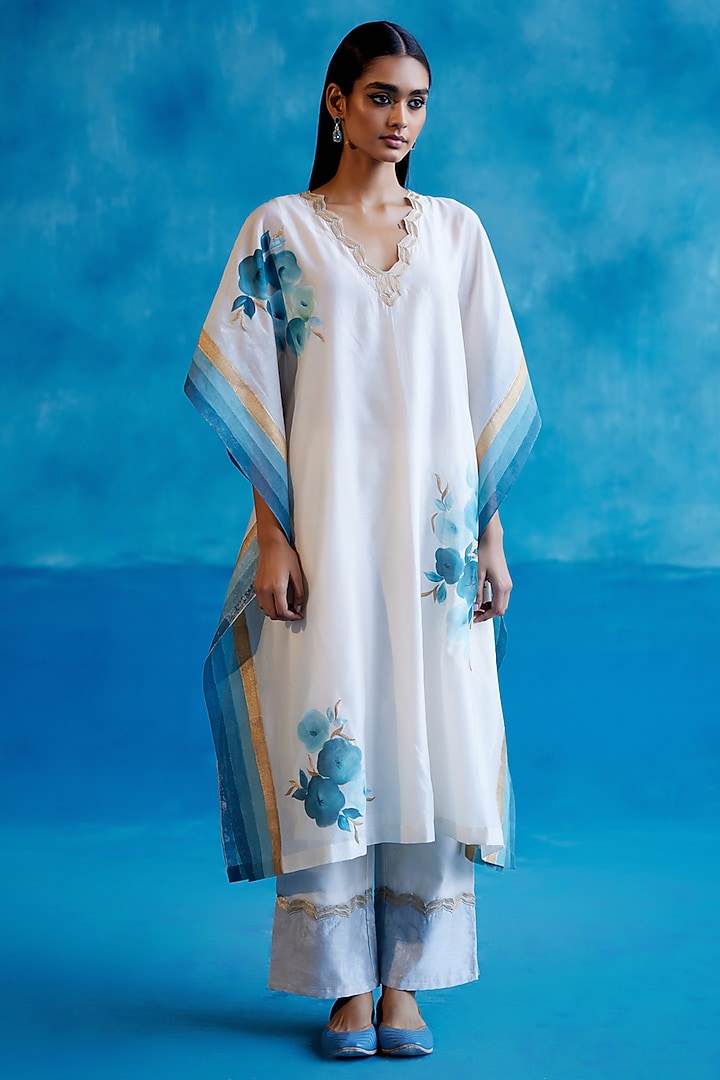 Ivory & Blue Silk Chanderi Floral Hand-Painting & Zari Embroidered Kaftan Set by Devnaagri at Pernia's Pop Up Shop