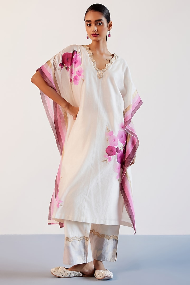 Ivory & Pink Silk Chanderi Floral Hand-Painting & Zari Embroidered Kaftan Set by Devnaagri at Pernia's Pop Up Shop