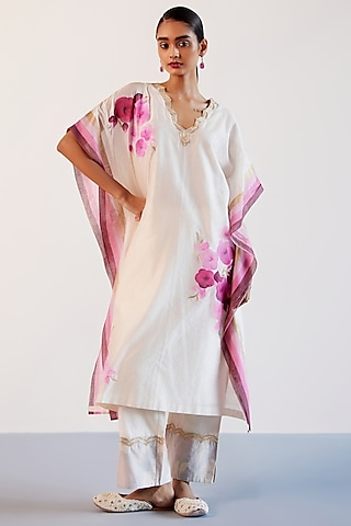Ivory & Pink Silk Chanderi Floral Hand-Painting & Zari Embroidered Kaftan Set by Devnaagri