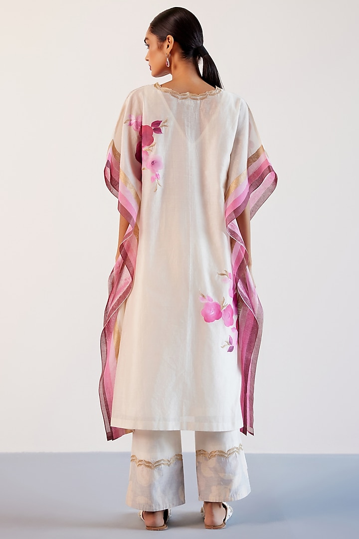 Ivory & Pink Silk Chanderi Floral Hand-Painting & Zari Embroidered Kaftan Set by Devnaagri at Pernia's Pop Up Shop