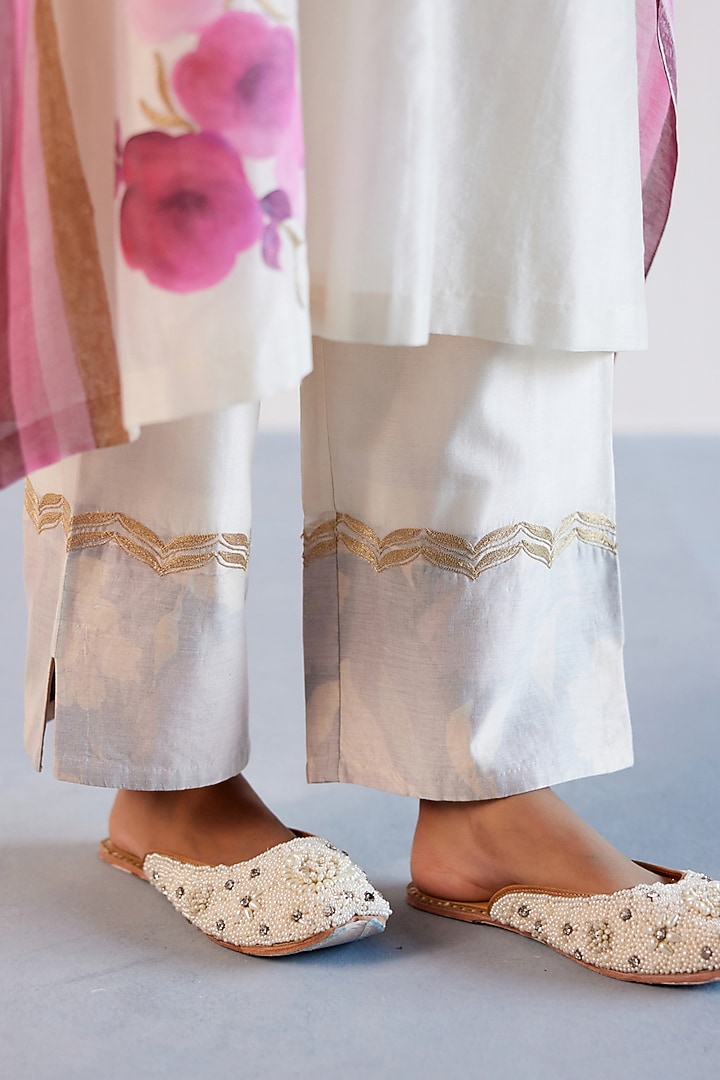 Ivory & Pink Silk Chanderi Floral Hand-Painting & Zari Embroidered Kaftan Set by Devnaagri at Pernia's Pop Up Shop