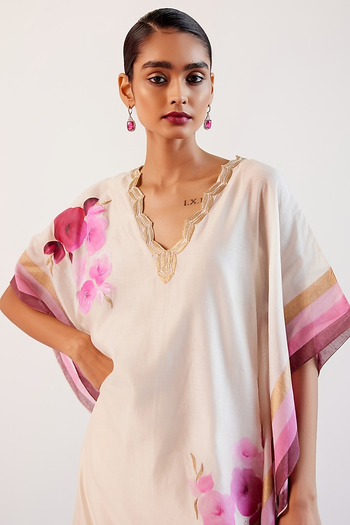Ivory & Pink Silk Chanderi Floral Hand-Painting & Zari Embroidered Kaftan Set by Devnaagri at Pernia's Pop Up Shop