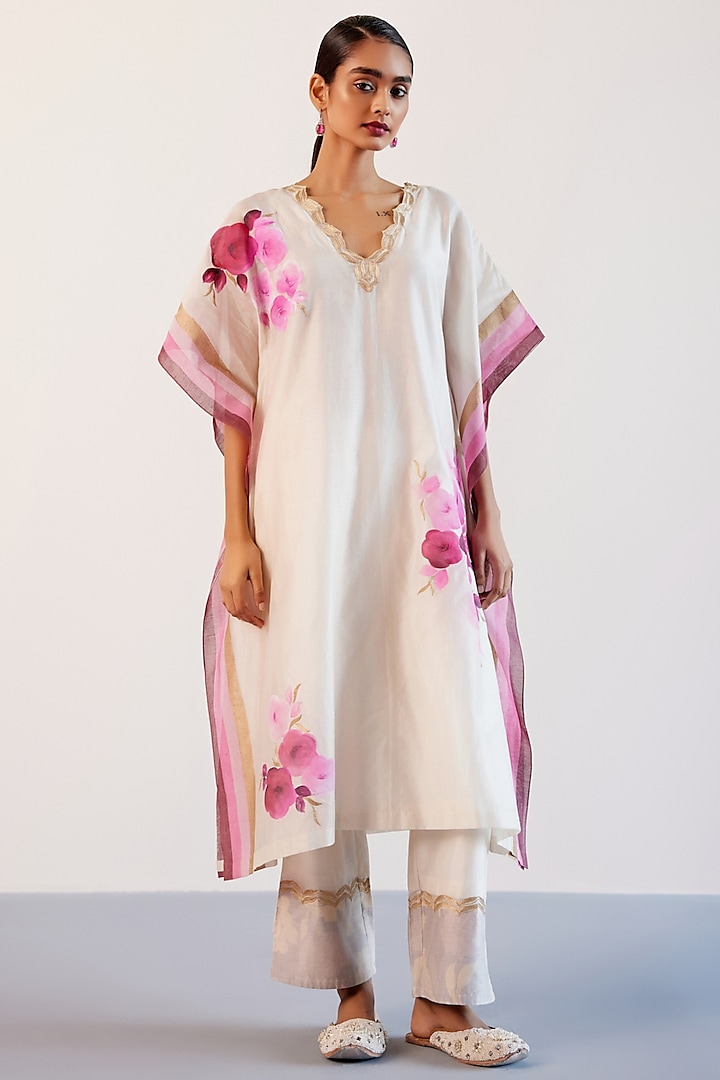 Ivory & Pink Silk Chanderi Floral Hand-Painting & Zari Embroidered Kaftan Set by Devnaagri at Pernia's Pop Up Shop