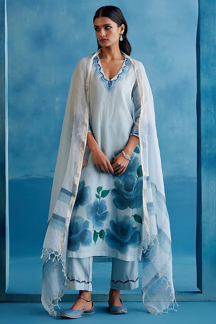 Blue Kota Silk Zari Embroidered & Floral Hand-Painted Kurta Set by Devnaagri at Pernia's Pop Up Shop