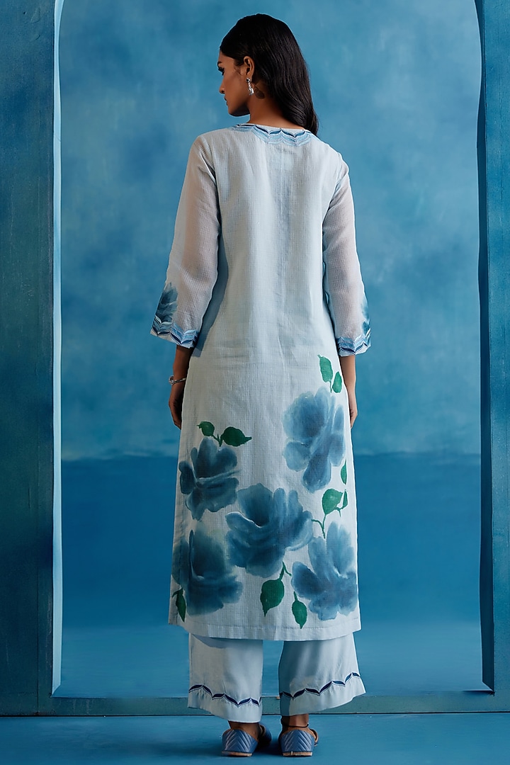 Blue Kota Silk Zari Embroidered & Floral Hand-Painted Kurta Set by Devnaagri at Pernia's Pop Up Shop
