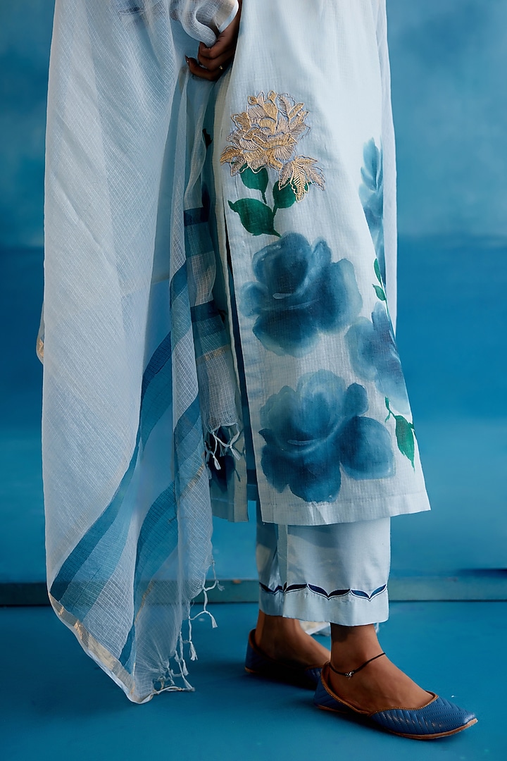 Blue Kota Silk Zari Embroidered & Floral Hand-Painted Kurta Set by Devnaagri at Pernia's Pop Up Shop