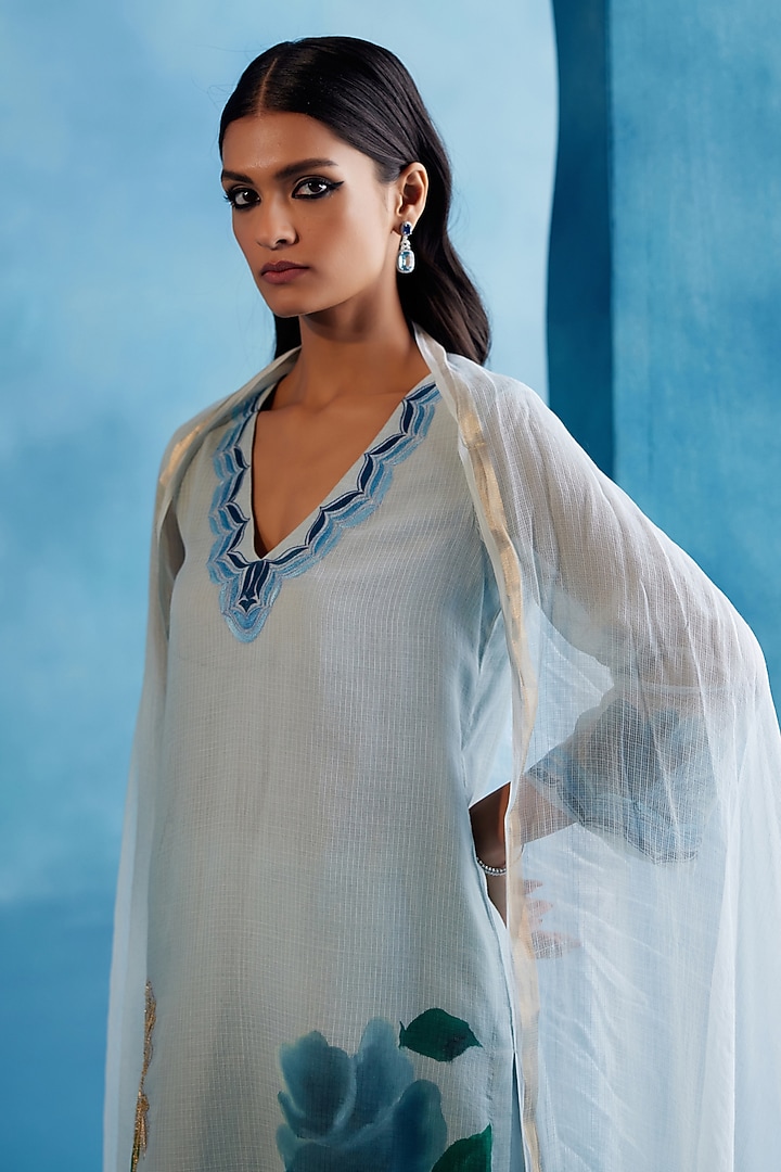 Blue Kota Silk Zari Embroidered & Floral Hand-Painted Kurta Set by Devnaagri at Pernia's Pop Up Shop