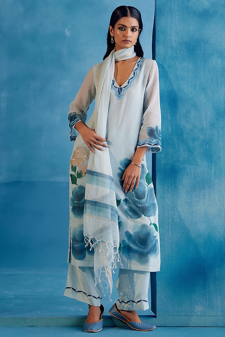 Blue Kota Silk Zari Embroidered & Floral Hand-Painted Kurta Set by Devnaagri at Pernia's Pop Up Shop