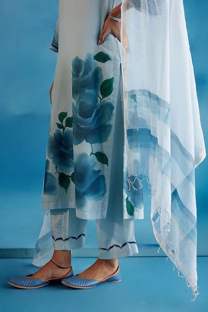 Blue Kota Silk Zari Embroidered & Floral Hand-Painted Kurta Set by Devnaagri at Pernia's Pop Up Shop
