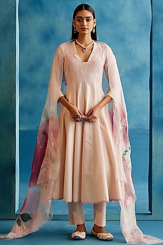 Blush Pink Cotton Silk Thread Embroidered Kalidar Anarkali Set by Devnaagri